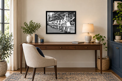 Evzones beside the Chicago Theatre in a black frame, shown in an office setting — room visualization