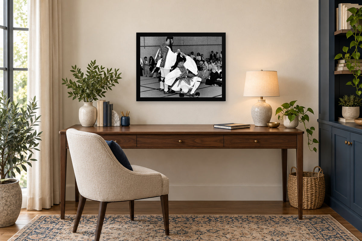 Traditional Dance Performance in a black frame, shown in an office setting — room visualization