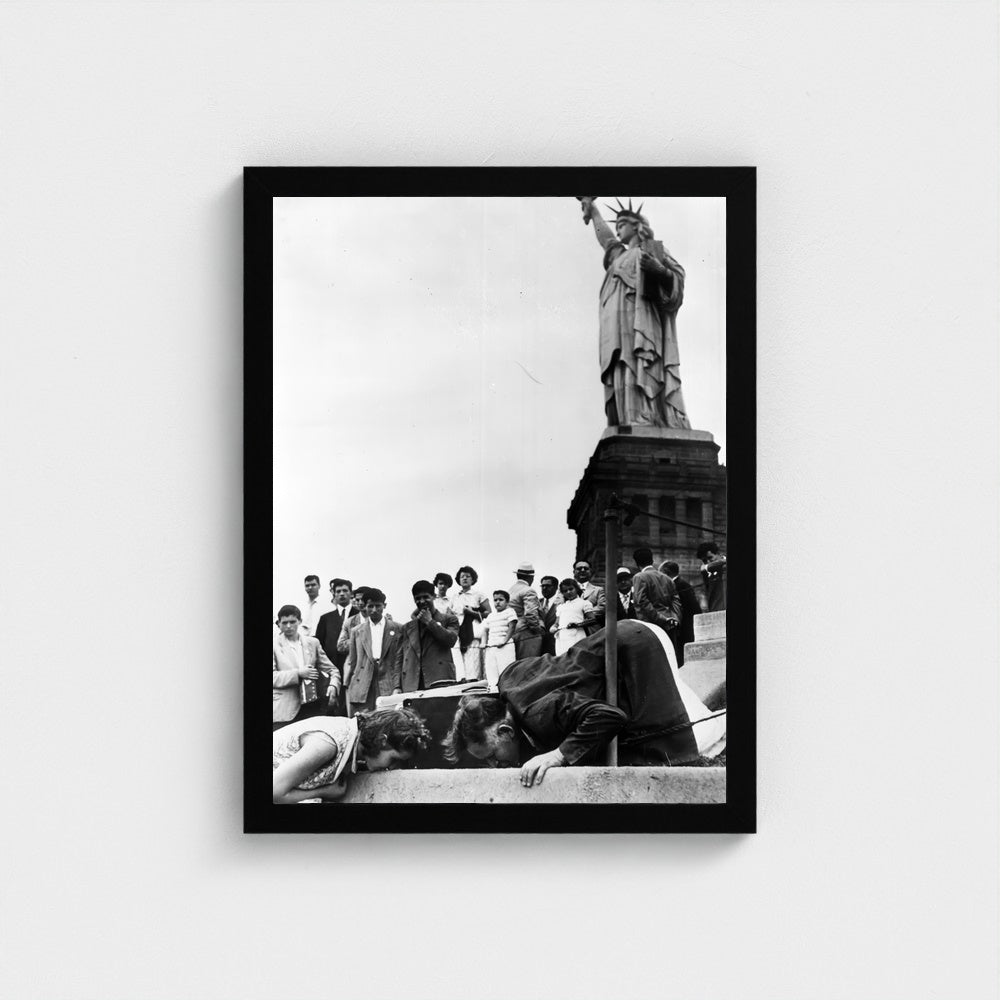 Visitors at the Statue of Liberty — 12 × 16 inch black framed print