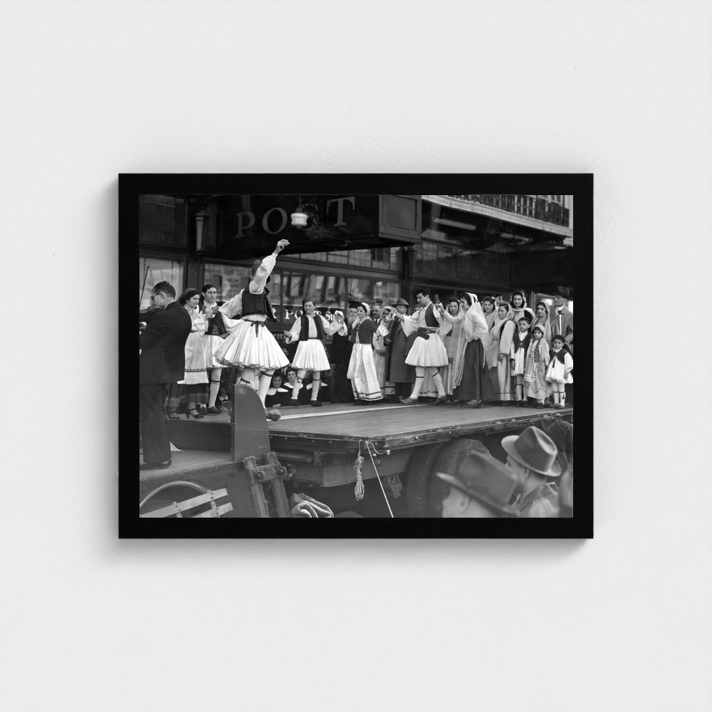 Dancers on a Street-stage Float — 12 × 16 inch black framed print