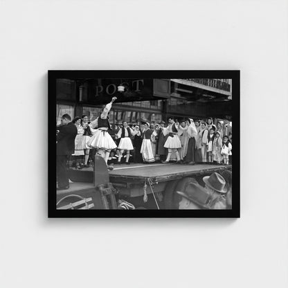 Dancers on a Street-stage Float — 12 × 16 inch black framed print