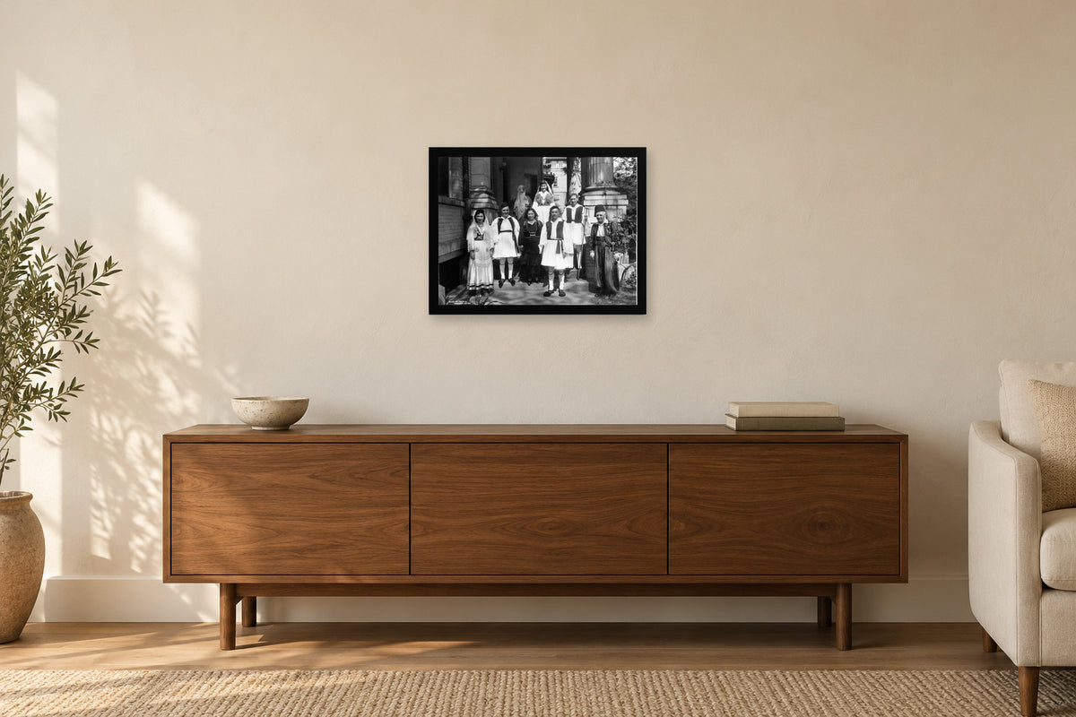 Traditional Dress on the Front Steps in a black frame, shown in a home setting — room visualization
