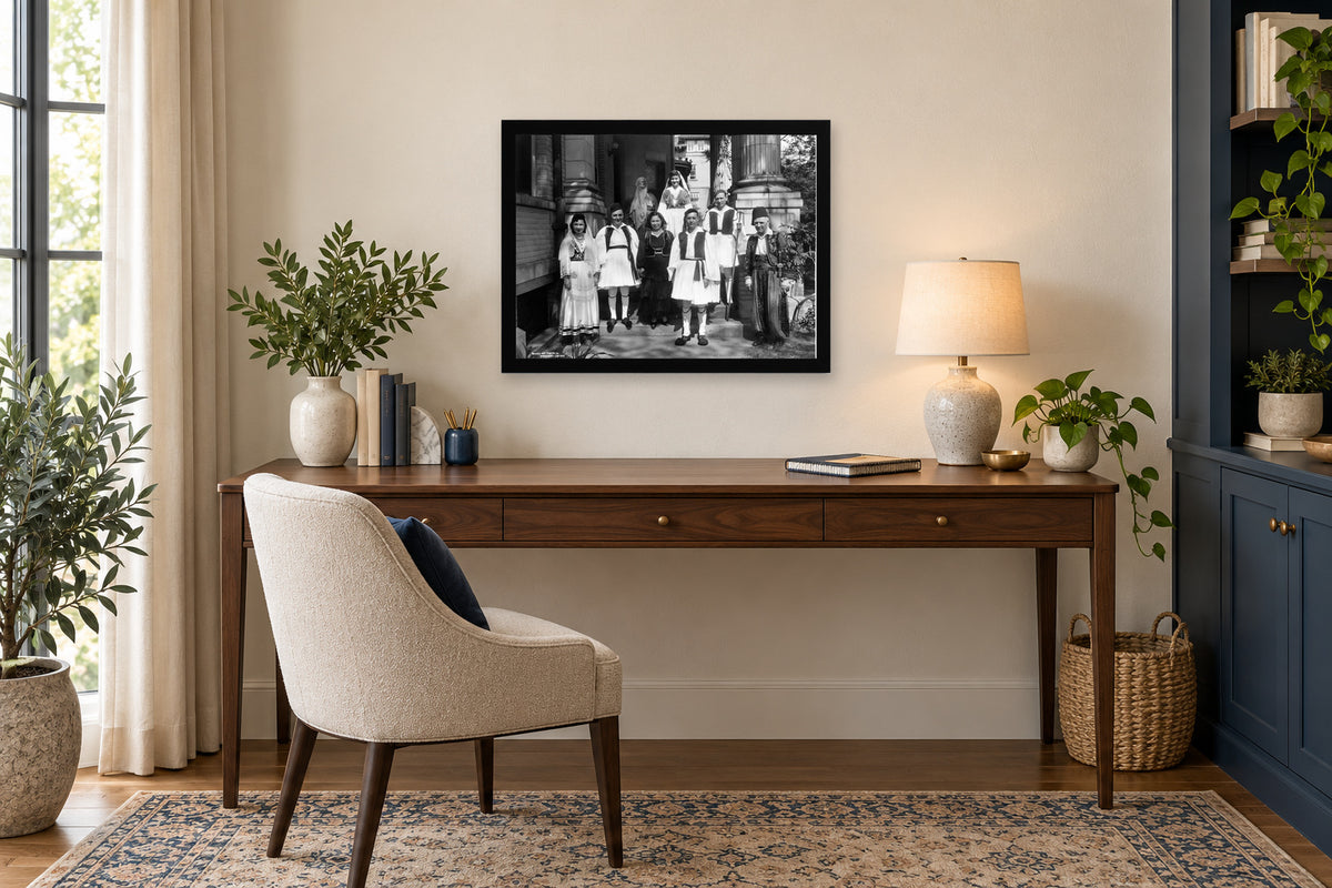 Traditional Dress on the Front Steps in a black frame, shown in an office setting — room visualization