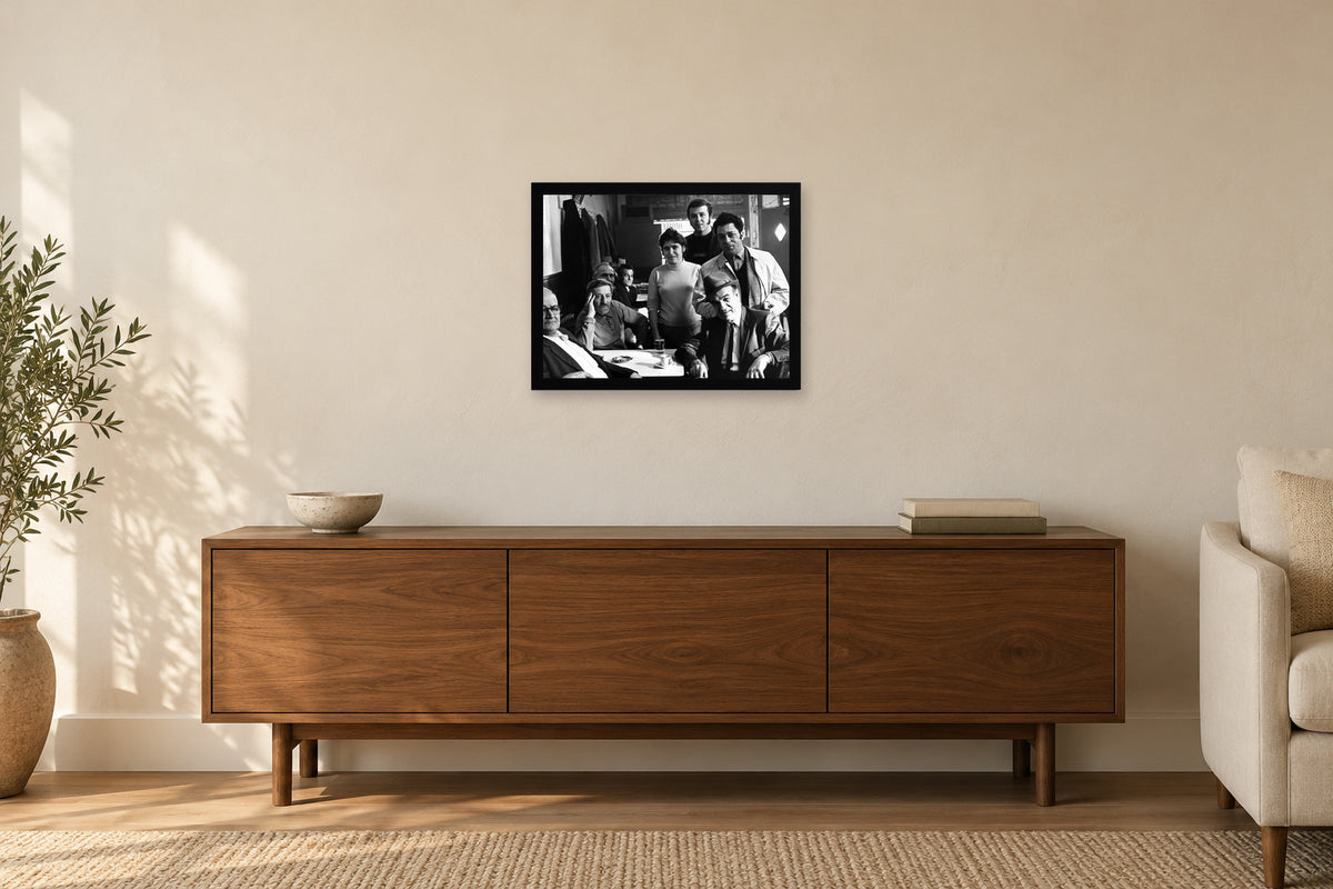 Gathering around the Coffeehouse Table in a black frame, shown in a home setting — room visualization