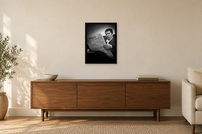 Reading the Greek Newspaper in a black frame, shown in a home setting — room visualization