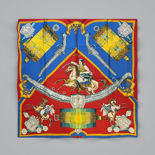 Hermès “1821” Vintage Silk Scarf — Cobalt Blue & Red