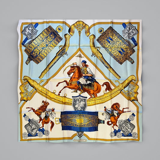 Hermès “1821” Vintage Silk Scarf — Sky Blue & Gold