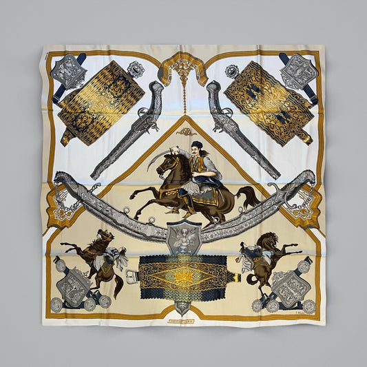 Hermès “1821” Vintage Silk Scarf — Ivory, Sand & Gold