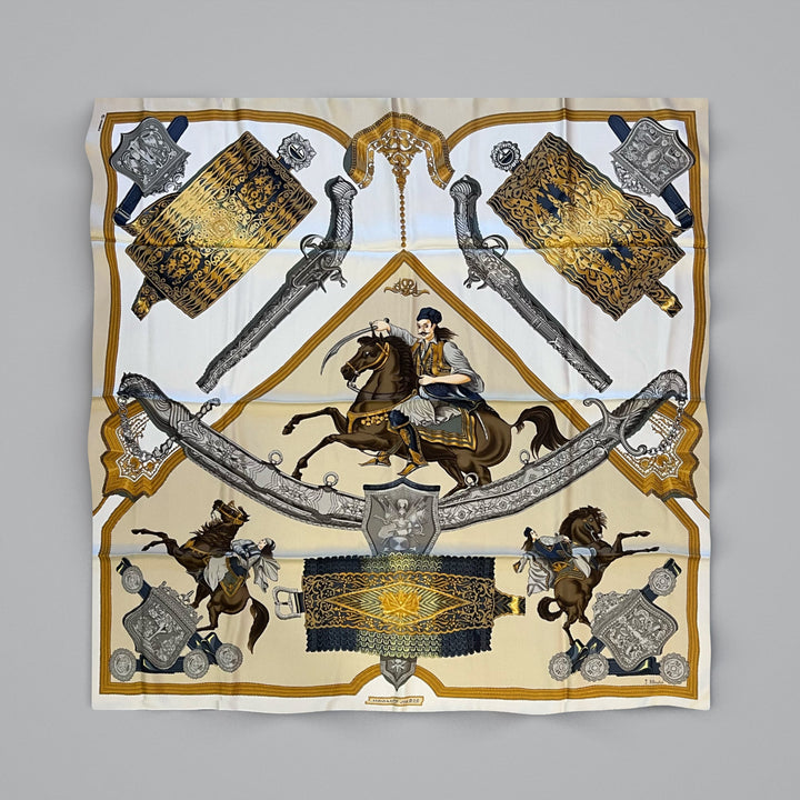 Hermès “1821” Vintage Silk Scarf — Ivory, Sand & Gold