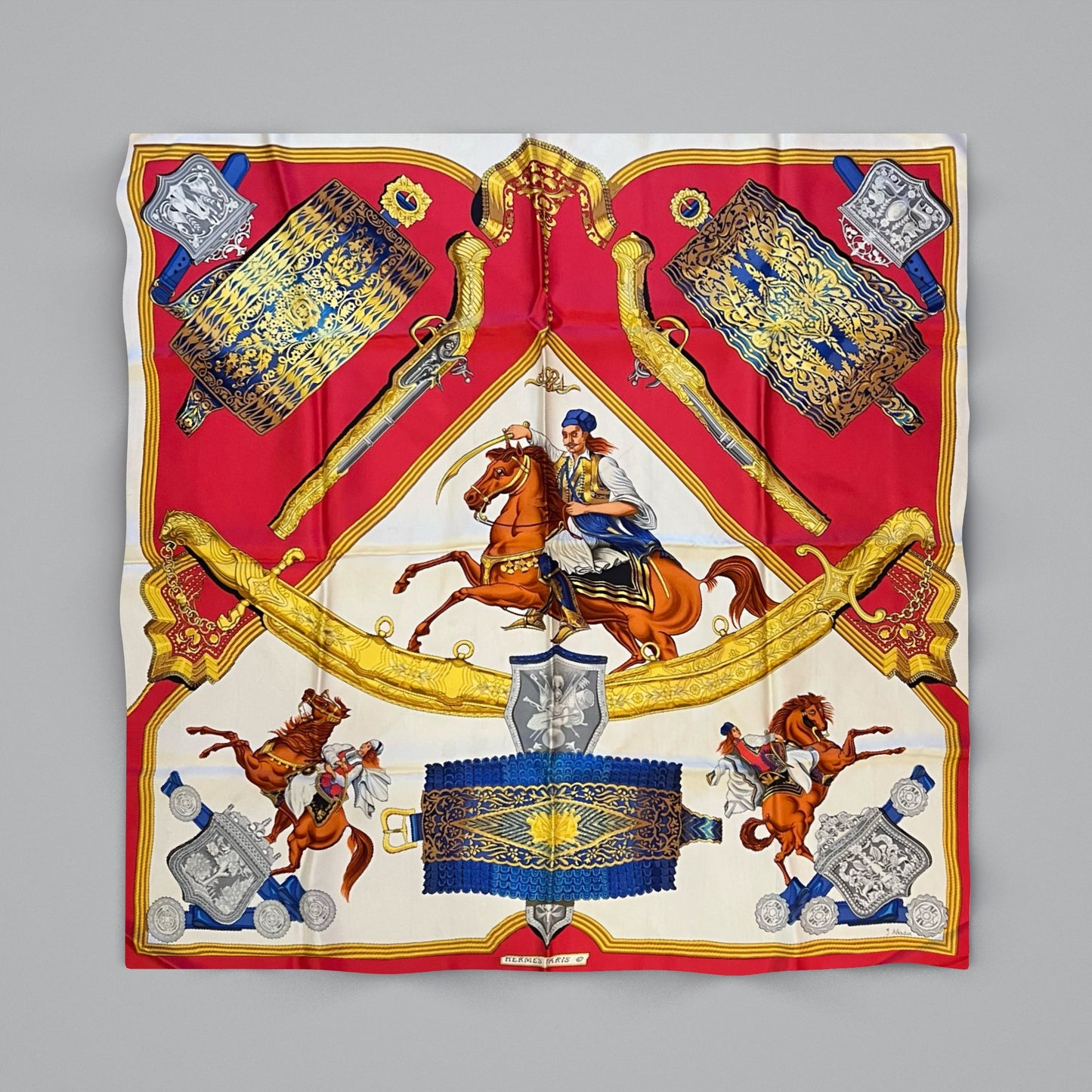 Hermès “1821” Vintage Silk Scarf — Crimson & Ivory