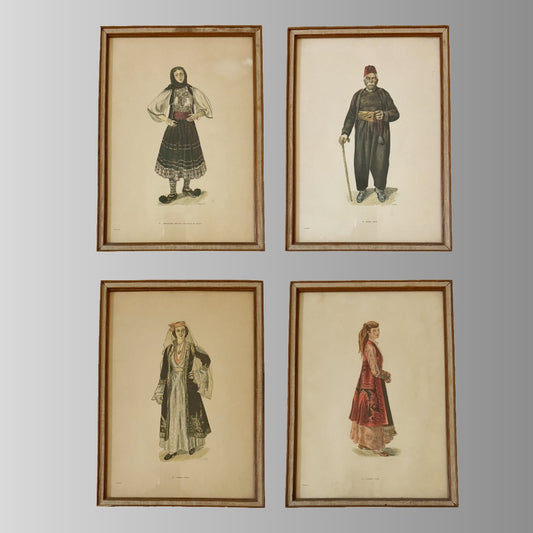 Set of Four Vintage A. Tassos Greek Folk Costume Prints — Framed