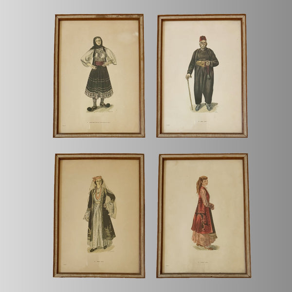 Set of 4 Vintage A. Tassos Greek Folk Costume Lithographs (1960s) – Original Mid-Century Frames