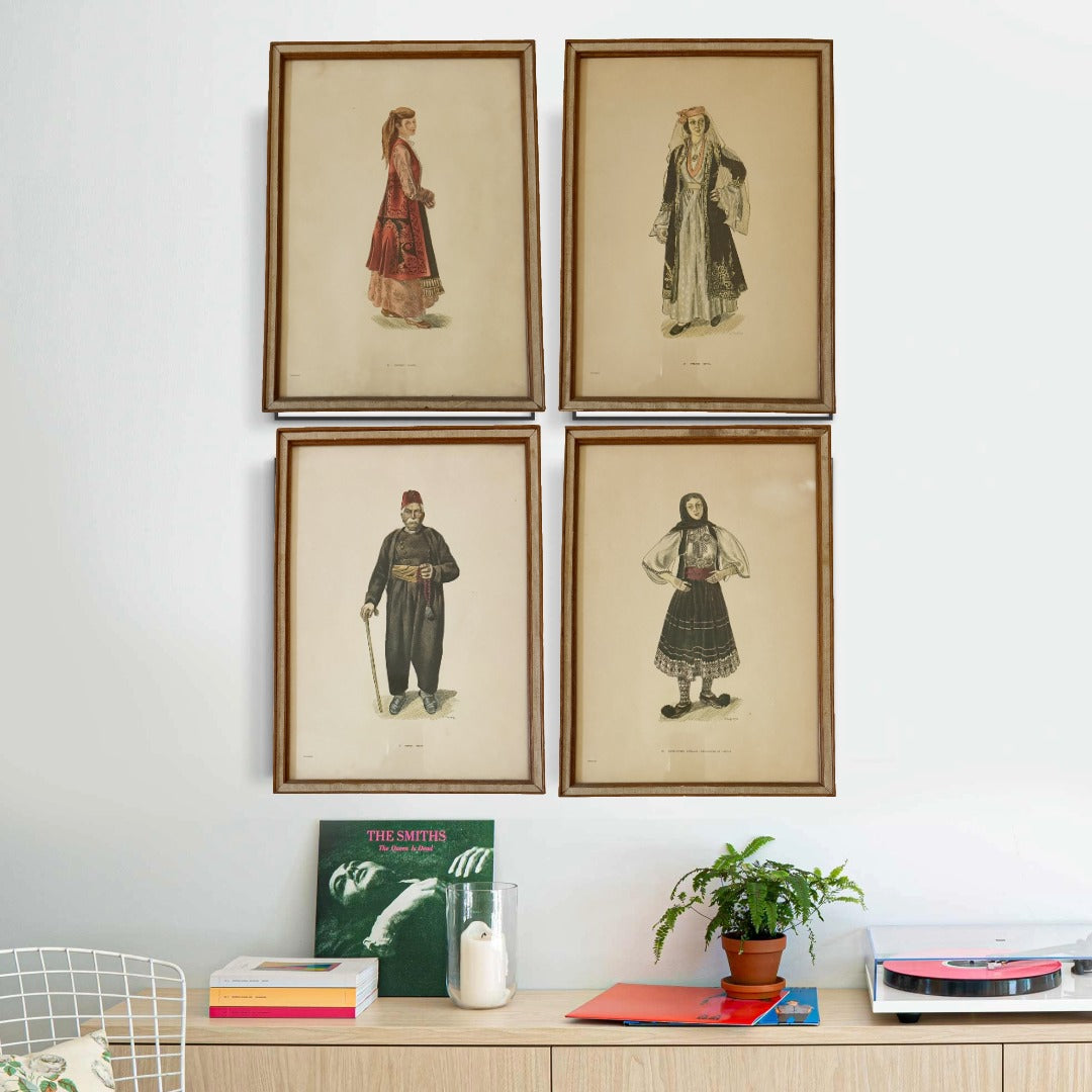 Set of Four Vintage A. Tassos Greek Folk Costume Prints — Framed