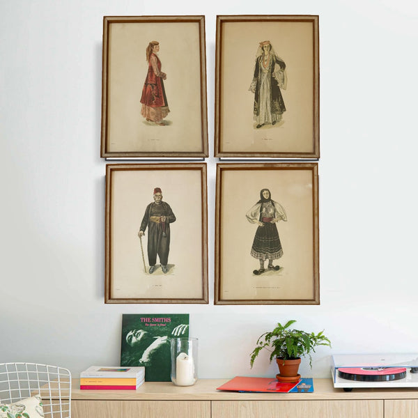 Set of 4 Vintage A. Tassos Greek Folk Costume Lithographs (1960s) – Original Mid-Century Frames