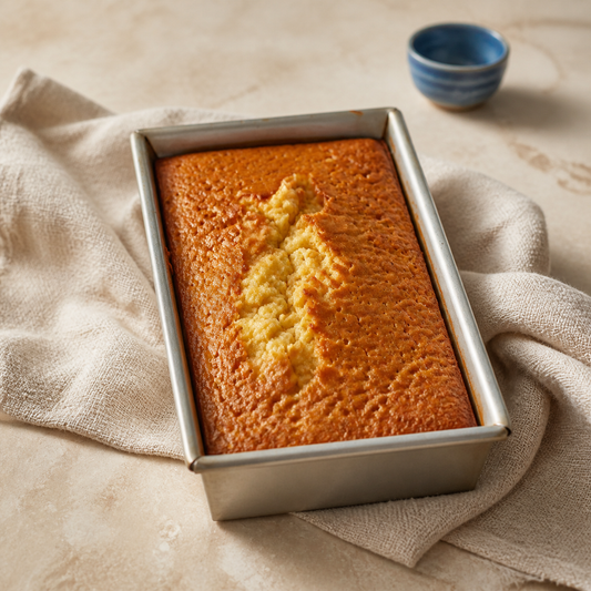 Almond pound cake baked in its tin in a styled serving photograph