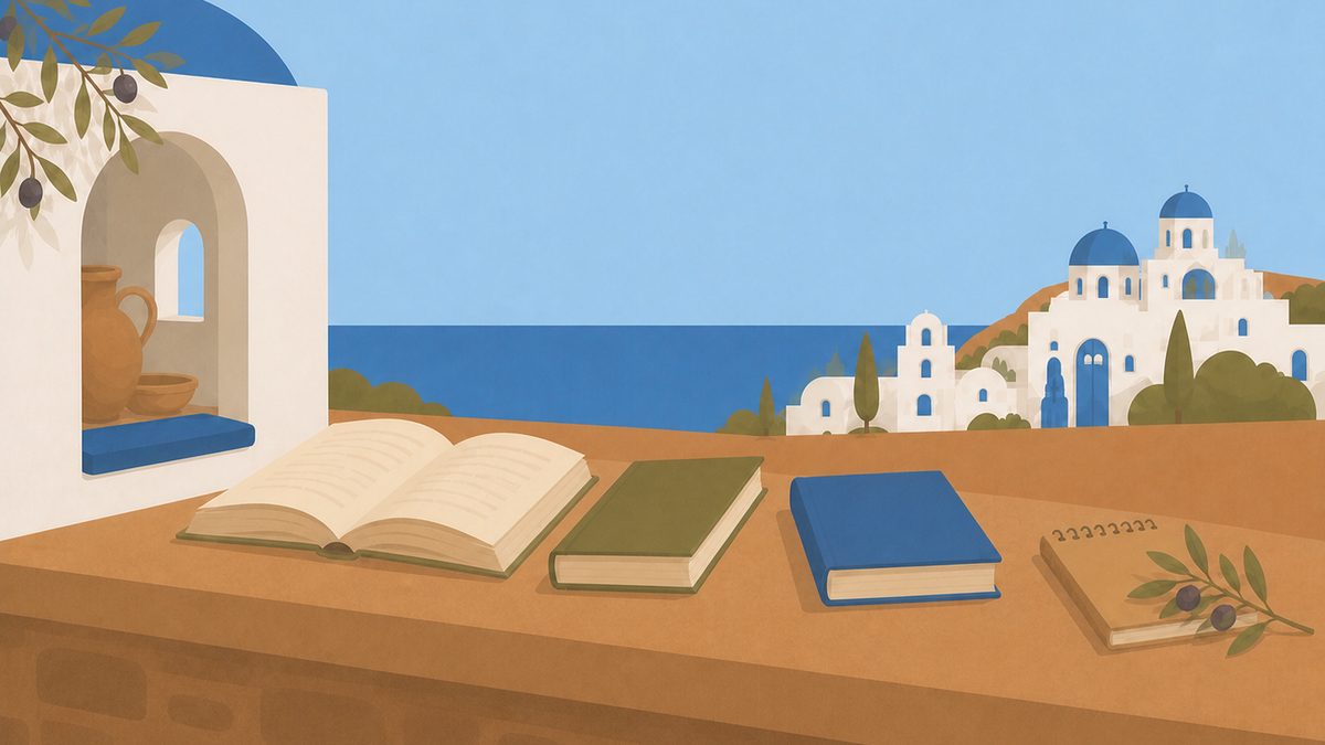 Greek books arranged on a sunlit Aegean terrace