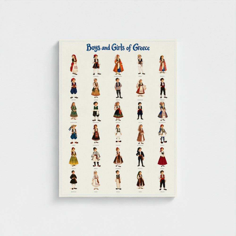 Boys and Girls of Greece — Stretched canvas with white sides. Prodigi product mockup; nominal 24 × 32 inches.