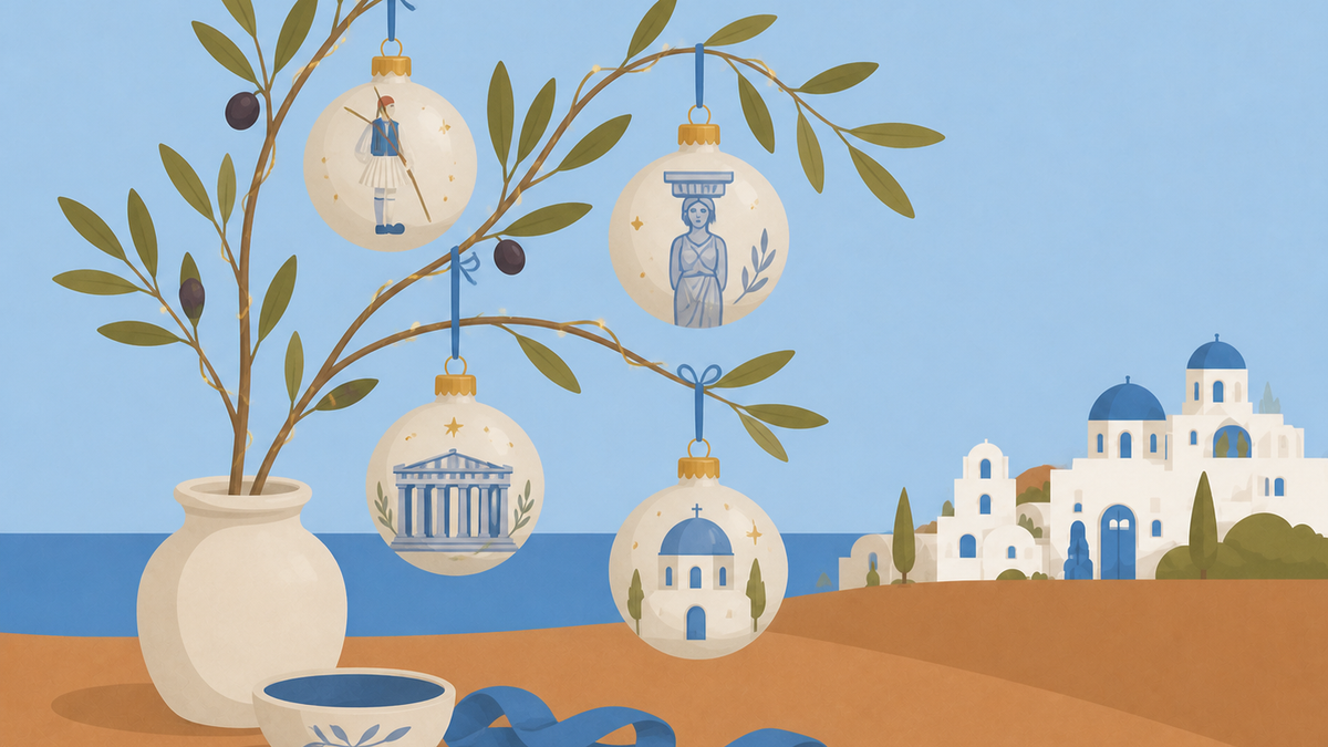 Greek Christmas ornaments hanging from olive branches