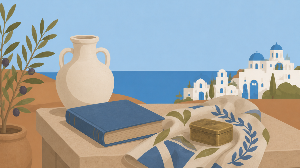 Collected Greek treasures arranged on a Mediterranean table