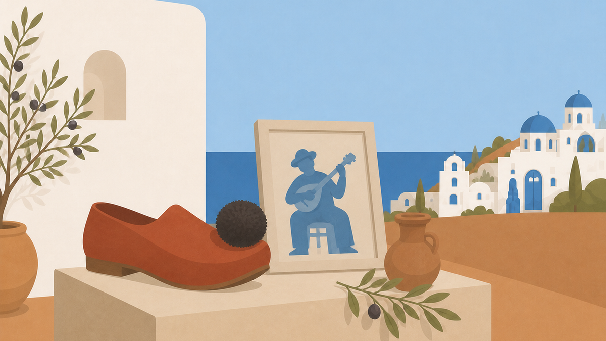Greek art and handmade objects displayed against an Aegean landscape