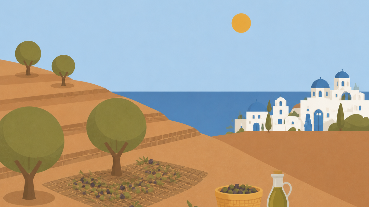 Greek pantry staples arranged in an Aegean landscape