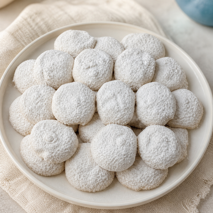 Kourabiedes shown on a ceramic platter in a styled serving photograph