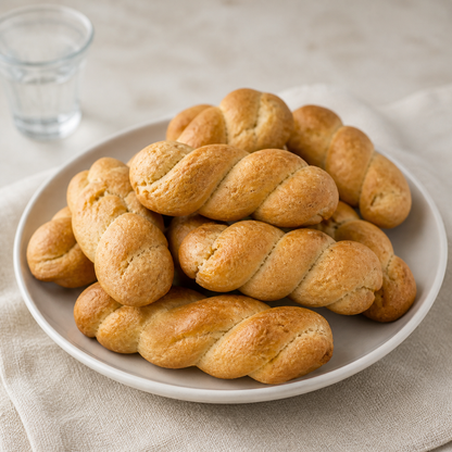Ouzo koulourakia shown on a ceramic plate with an ouzo serving suggestion