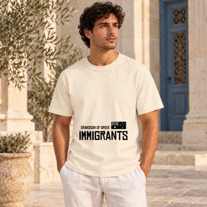 Grandson of Greek Immigrants — Australia — Ivory shirt worn by a model in a sunlit stone courtyard; AI-generated lifestyle mockup