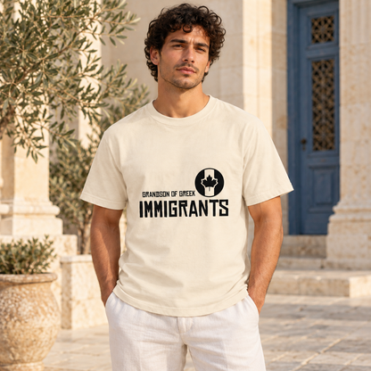 Grandson of Greek Immigrants — Canada — Ivory shirt worn by a model in a sunlit stone courtyard; AI-generated lifestyle mockup