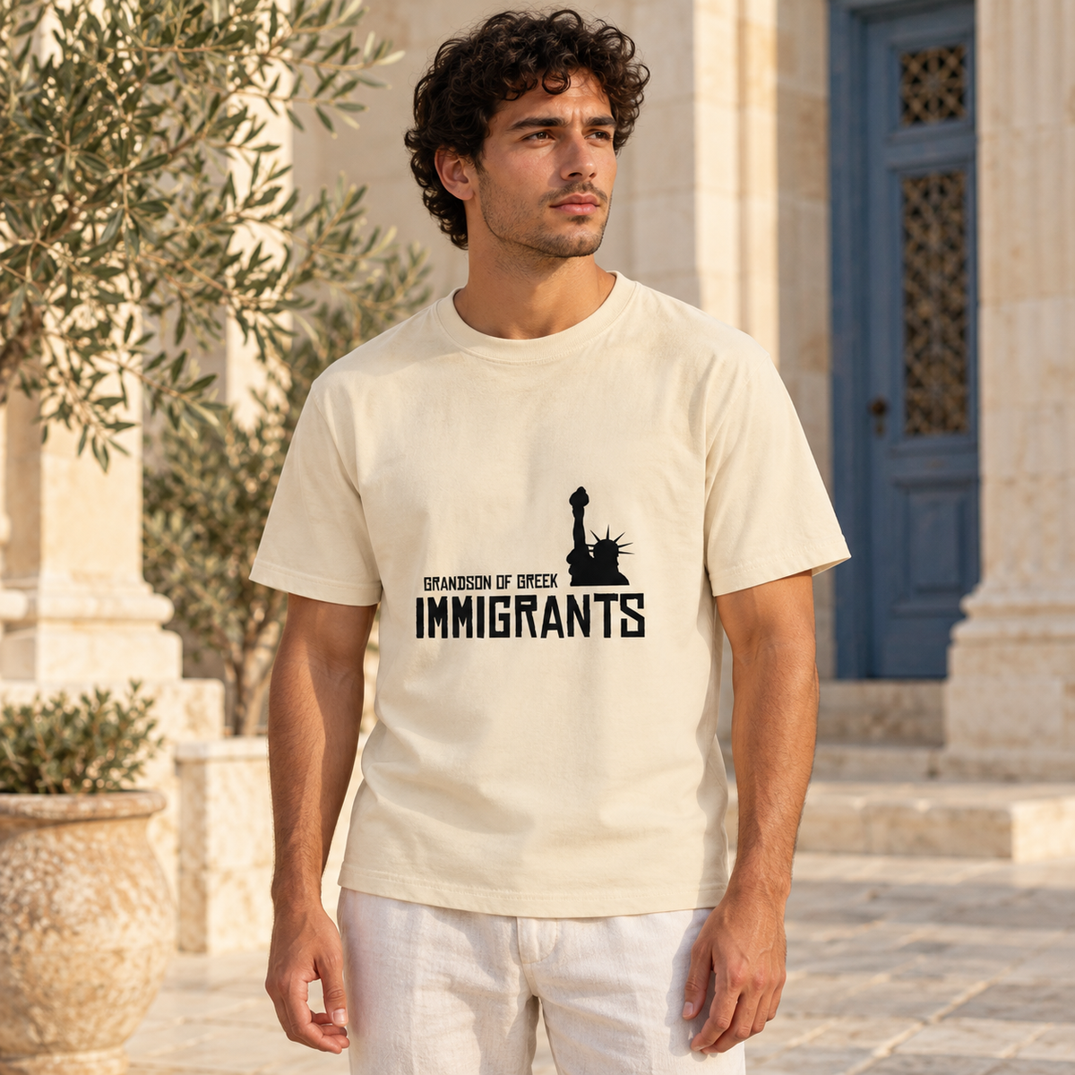 Grandson of Greek Immigrants — USA — Ivory shirt worn by a model in a sunlit stone courtyard; AI-generated lifestyle mockup
