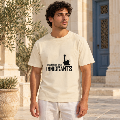 Grandson of Greek Immigrants — USA — Ivory shirt worn by a model in a sunlit stone courtyard; AI-generated lifestyle mockup