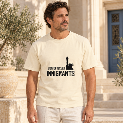 Son of Greek Immigrants — USA — Ivory shirt worn by a model in a sunlit stone courtyard; AI-generated lifestyle mockup