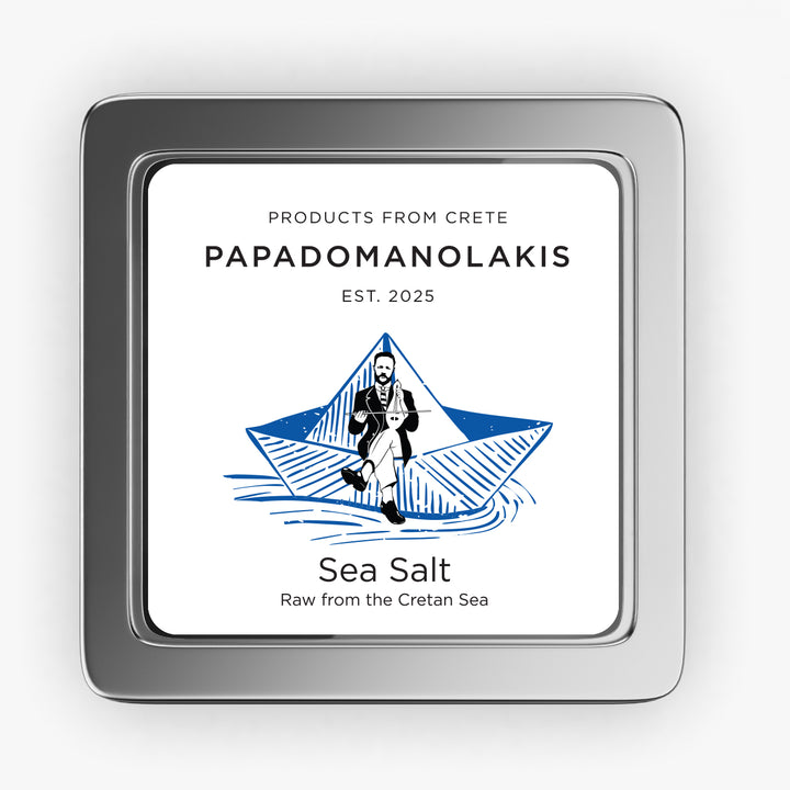 Square metal tin of Papadomanolakis sea salt from the Cretan Sea