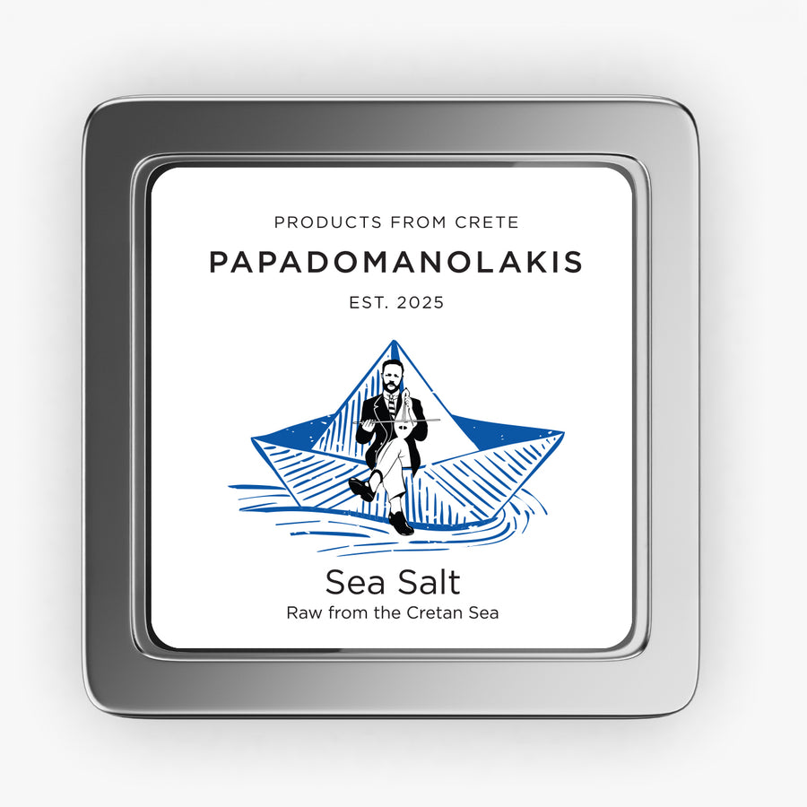 Square metal tin of Papadomanolakis sea salt from the Cretan Sea
