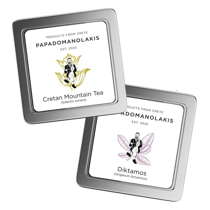 Two Papadomanolakis metal tins of Diktamos and Cretan mountain tea