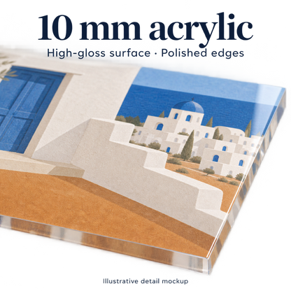 Illustrative 10 mm acrylic detail mockup: Aegean Modernist artwork behind clear high-gloss acrylic with polished edges. Based on Prodigi specifications; not a photograph of a manufactured Taverna panel.