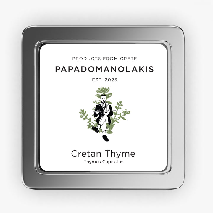Square metal tin of Papadomanolakis wild thyme from Crete