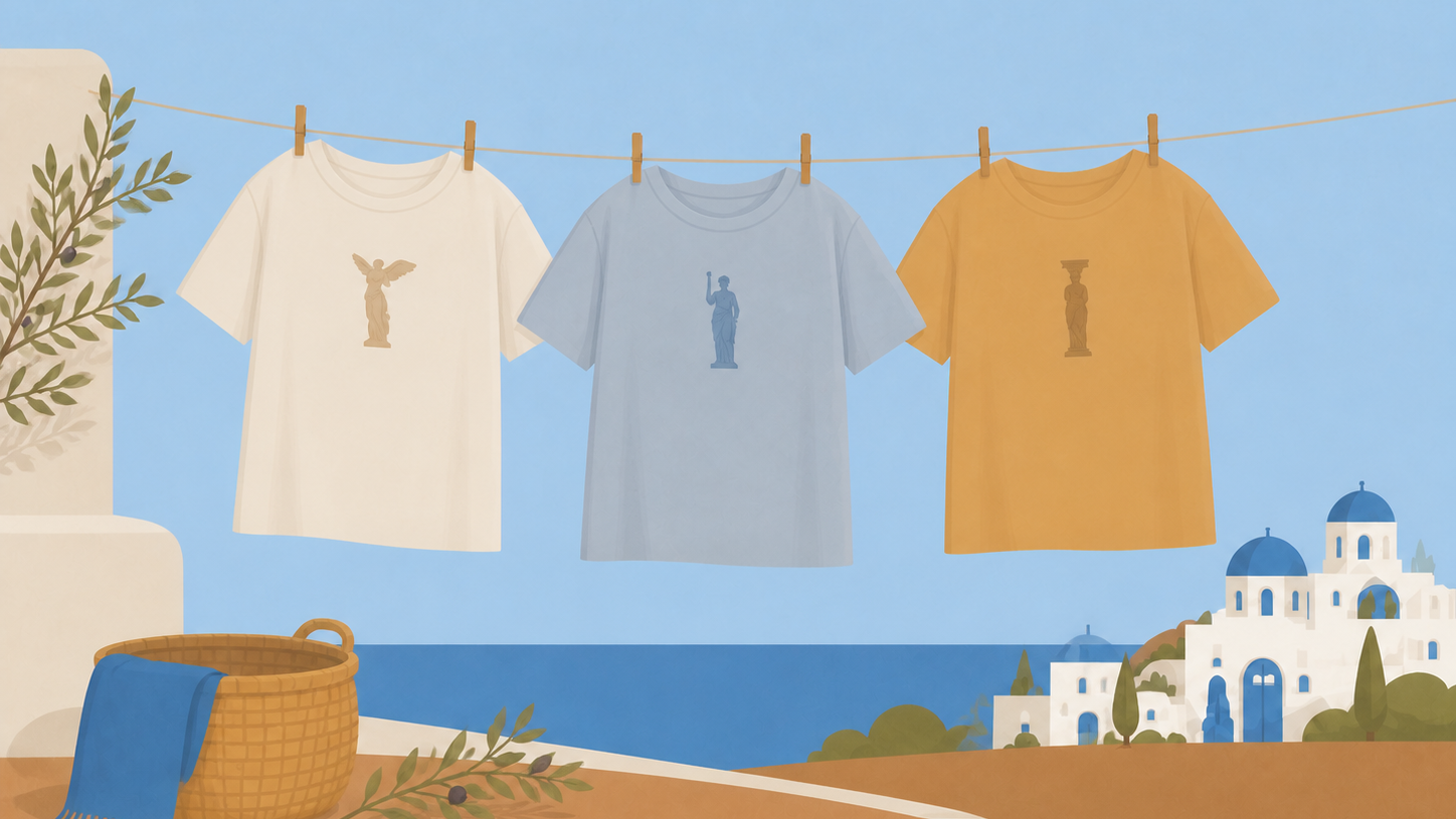 Greek-inspired T-shirts displayed in an Aegean setting