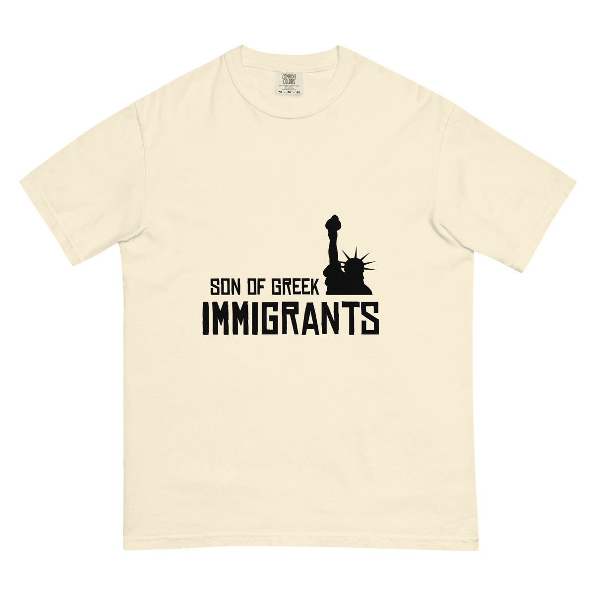 Son of Greek Immigrants — USA printed in black on an Ivory Comfort Colors 1717 T-shirt