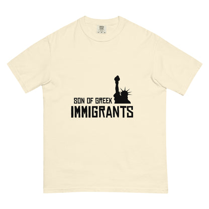 Son of Greek Immigrants — USA printed in black on an Ivory Comfort Colors 1717 T-shirt