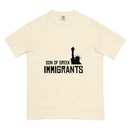 Son of Greek Immigrants — USA printed in black on an Ivory Comfort Colors 1717 T-shirt