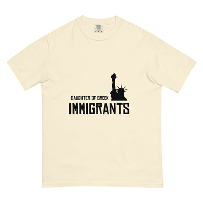 Daughter of Greek Immigrants — USA printed in black on an Ivory Comfort Colors 1717 T-shirt