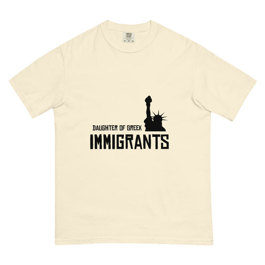 Daughter of Greek Immigrants — USA printed in black on an Ivory Comfort Colors 1717 T-shirt
