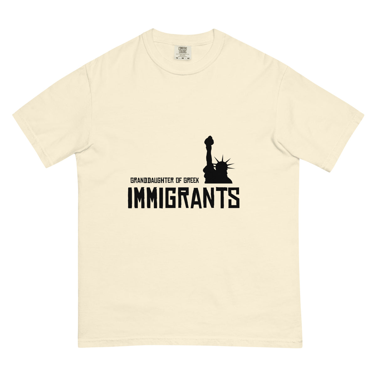 Granddaughter of Greek Immigrants — USA printed in black on an Ivory Comfort Colors 1717 T-shirt