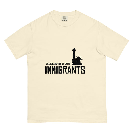Granddaughter of Greek Immigrants — USA printed in black on an Ivory Comfort Colors 1717 T-shirt