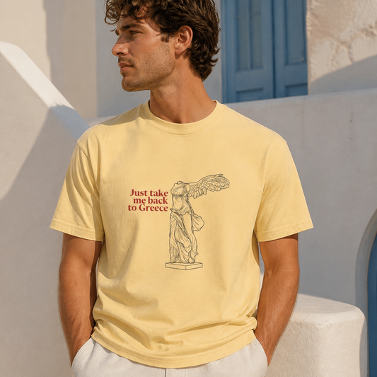 Winged Victory Just Take Me Back to Greece butter T-shirt worn in a Mediterranean setting
