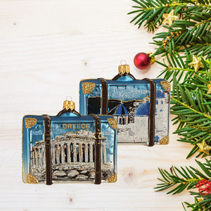 Greece Suitcase Glass Christmas Ornament