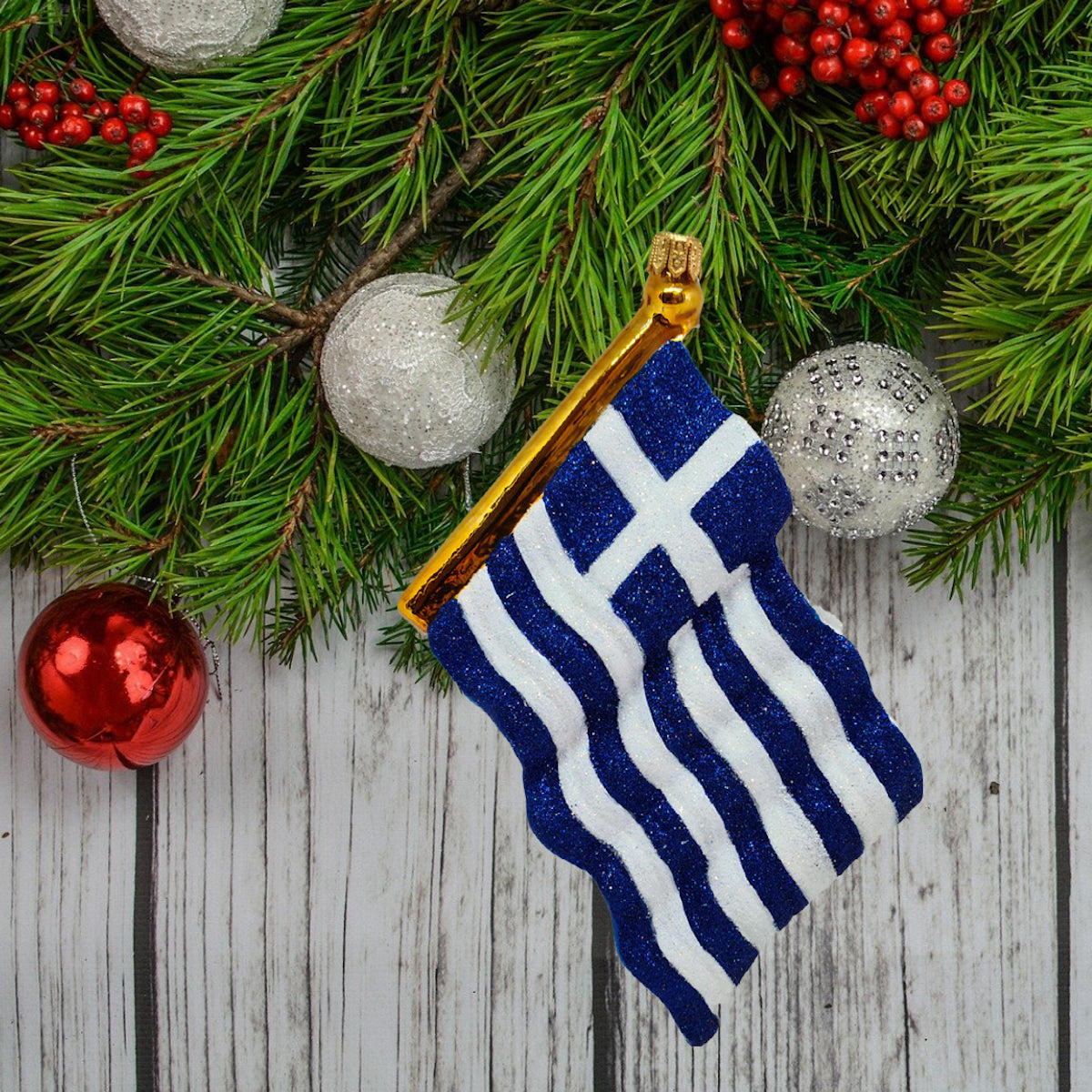 Greece Flag Glass Christmas Ornament