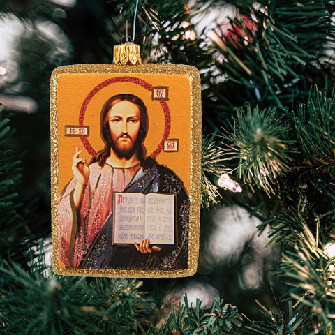 Christ Icon Glass Christmas Ornament